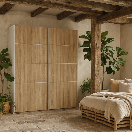 Bordeaux Wide Natural Oak Double Sliding Door Wardrobe 180cm 5 Shelves