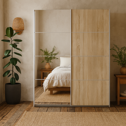 Bordeaux Mirror and Natural Double Sliding Door Wardrobe 180cm 5 Shelves