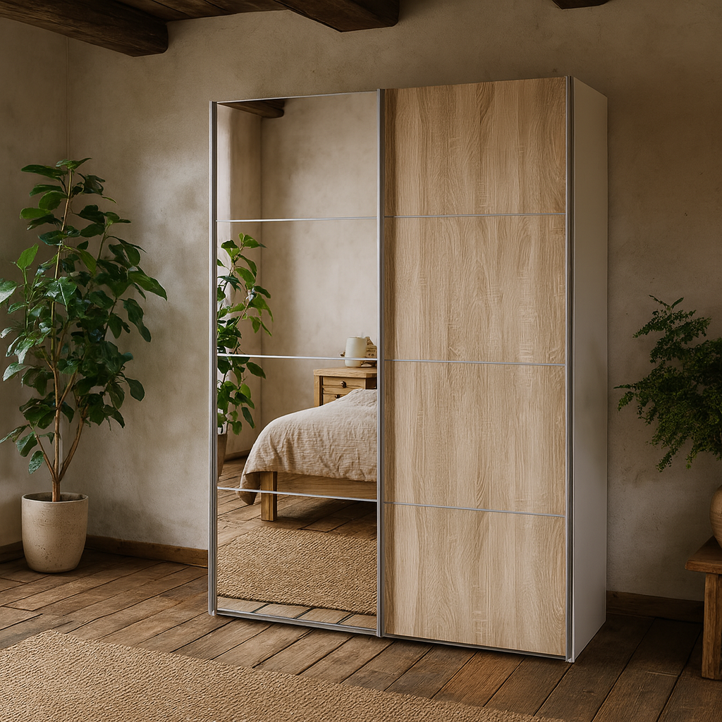 Bordeaux Mirror and Natural Double Sliding Door Wardrobe 180cm 5 Shelves