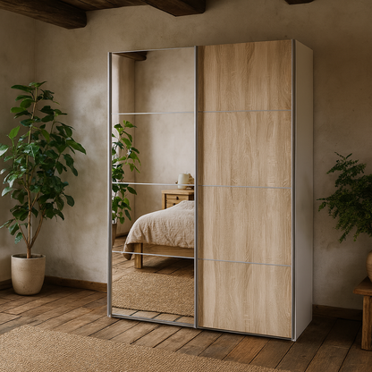 Bordeaux Mirror and Natural Double Sliding Door Wardrobe 180cm 5 Shelves