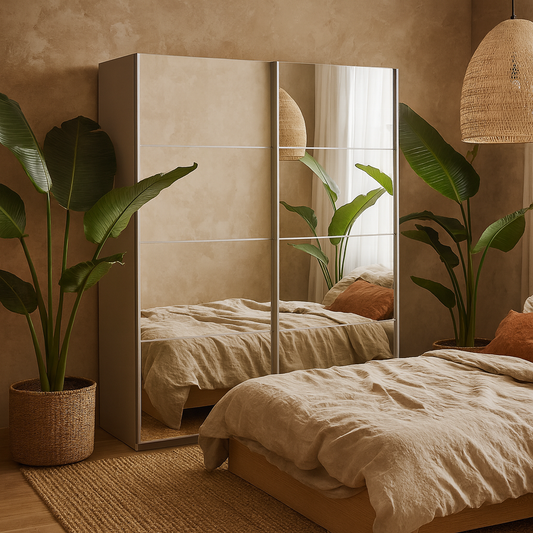 Bordeaux Wide White Wardrobe with Mirror Double Sliding Door 180cm 5 Shelves