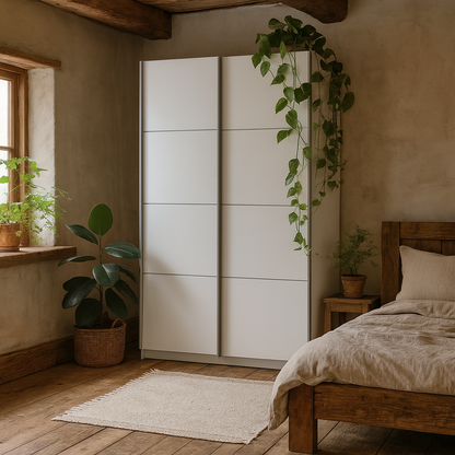 Bordeaux White Sliding Door Wardrobe 2 Door with 5 Shelves and Hanging Rail