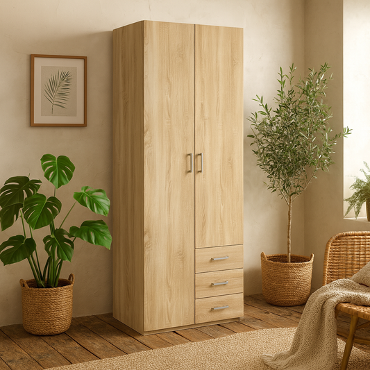 Berlin Oak Effect Wardrobe 2 Doors, 3 Drawers 1 Shelf