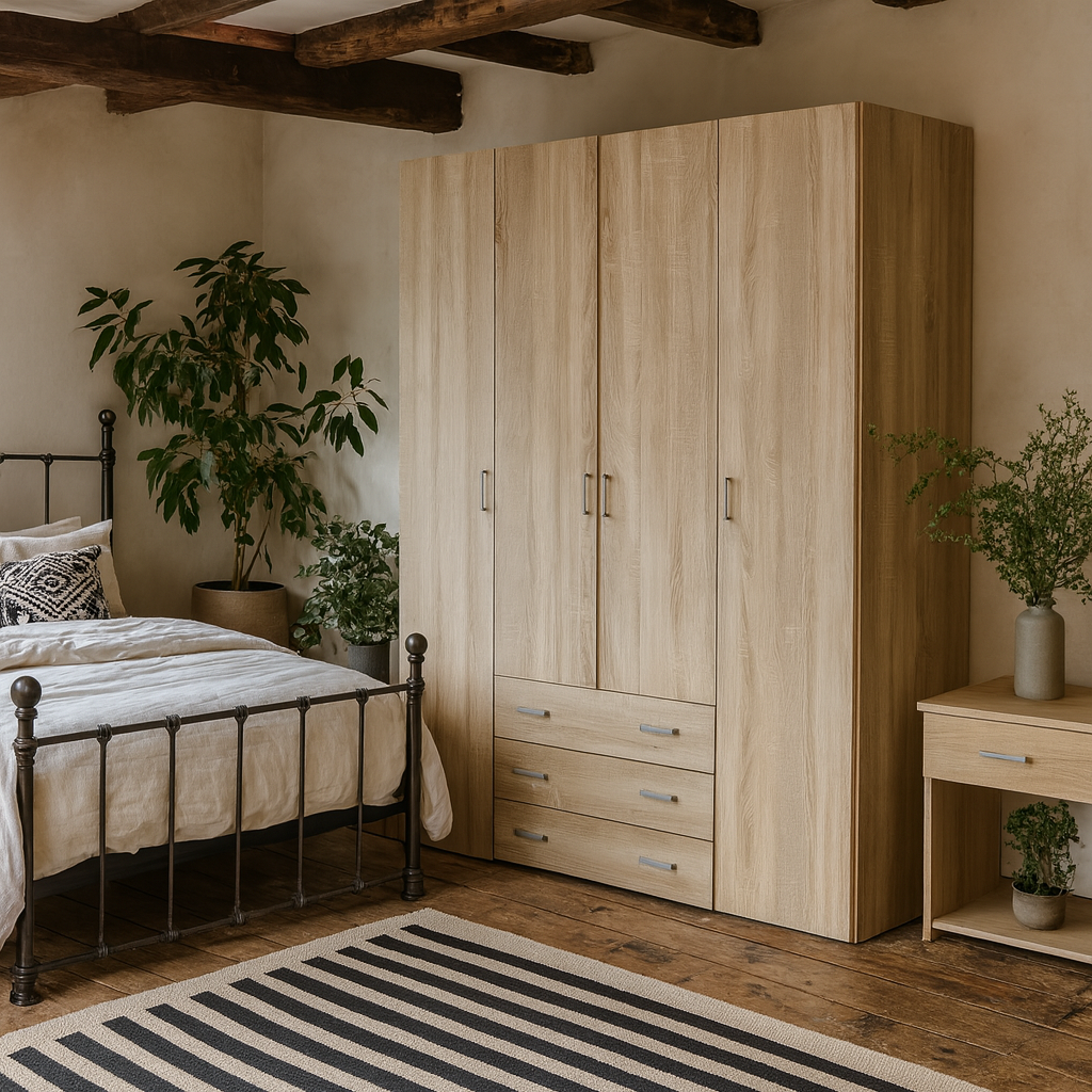 Berlin Oak Effect Wardrobe 4 Doors 3 Drawers 4 Shelves