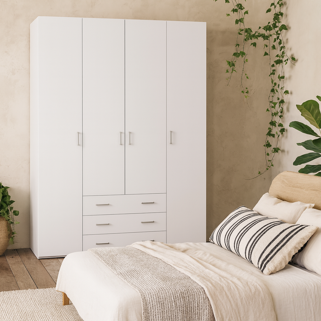 Munich White Wooden Wardrobe 4 Doors 3 Drawers 3 Shelves