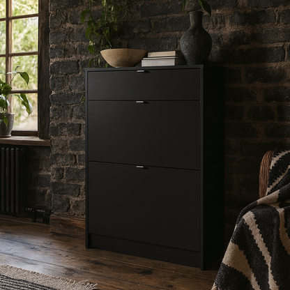 Prague Black Shoe Cabinet 2 Flip Down Doors 1 Drawer