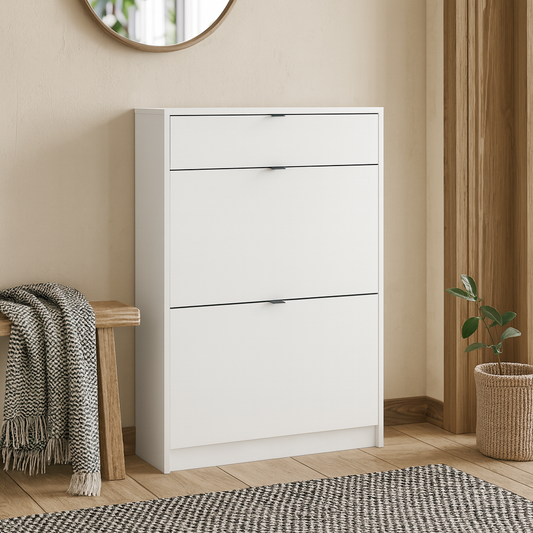 Prague White Shoe Cabinet 2 Flip Down Doors 1 Drawer