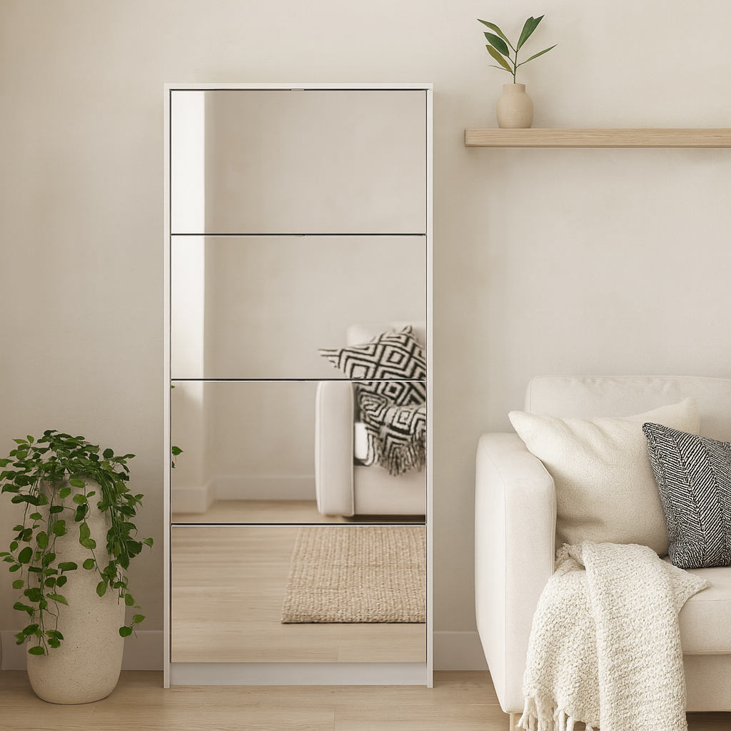 Prague White Shoe Cabinet 4 Flip Down Mirror Doors