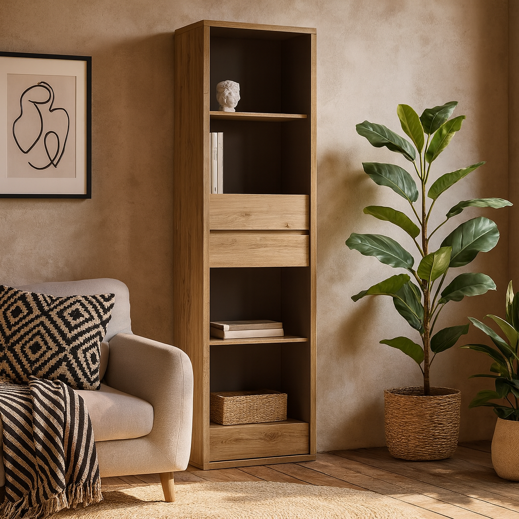 Athens Natural Oak Wood Effect Tall Narrow 3 Drawer Bookcase