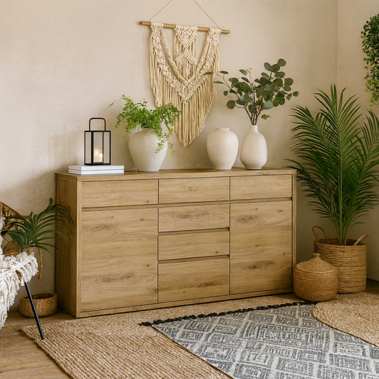 Athens Natural Oak Wood Effect 6 Drawer Storage Chest 2 Doors