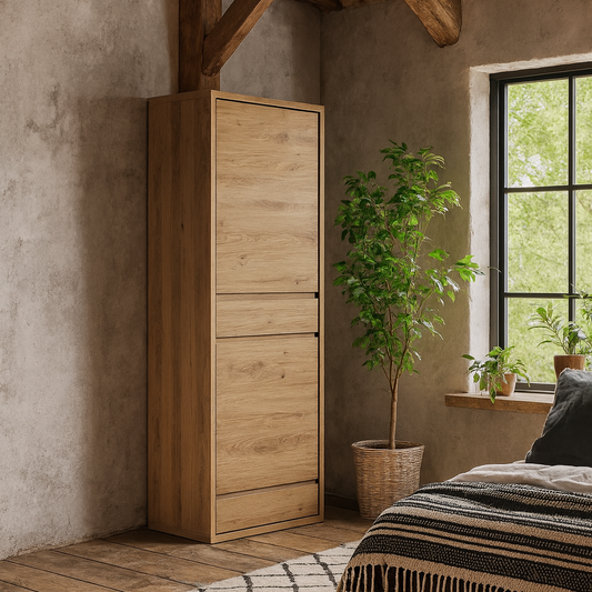 Athens Natural Oak Wood Effect 2 Door 2 Drawer Tall Narrow Storage Cabinet