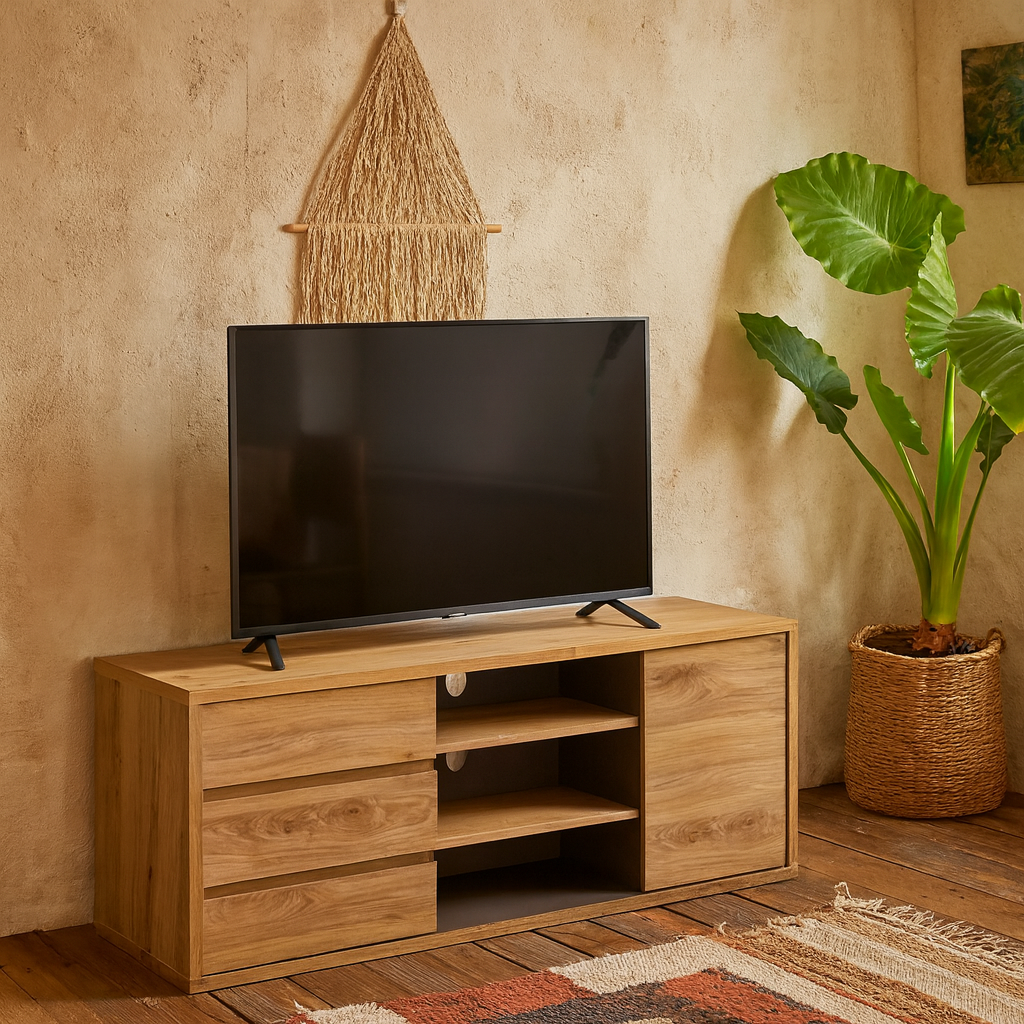 Athens Natural Oak Wood Effect 1 Door 3 Drawer TV Cabinet