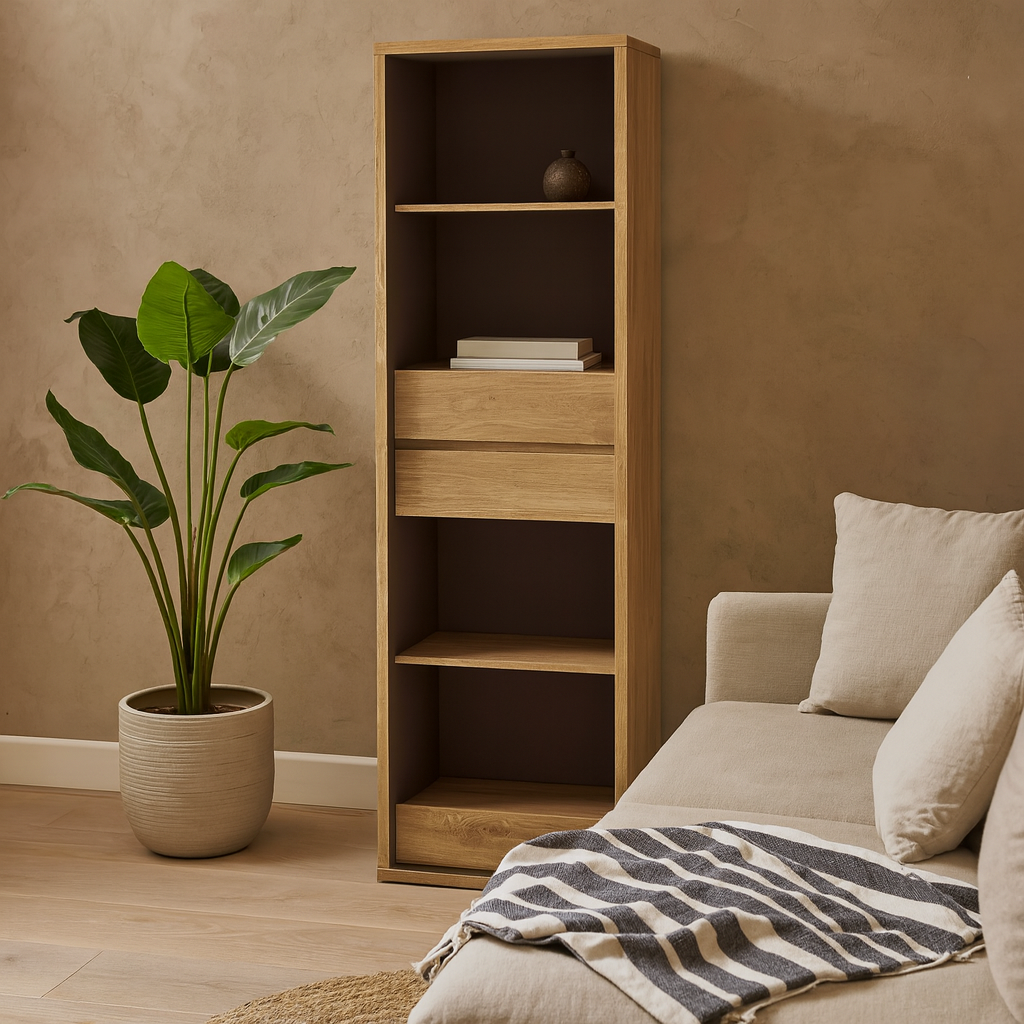 Athens Natural Oak Wood Effect Tall Narrow 3 Drawer Bookcase