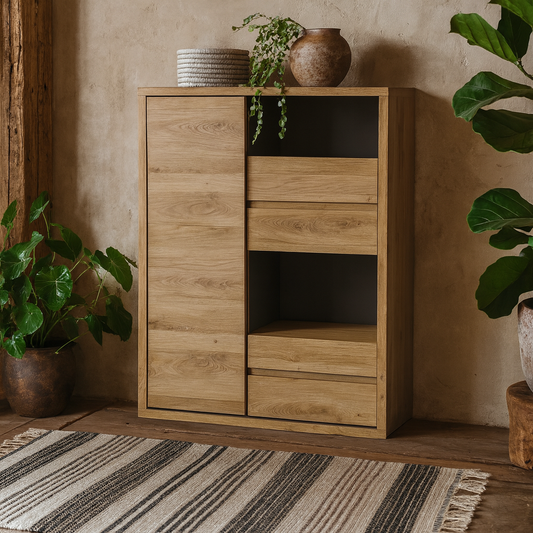 Athens Natural Oak Wood Effect 1 Door 4 Drawer Display Cabinet