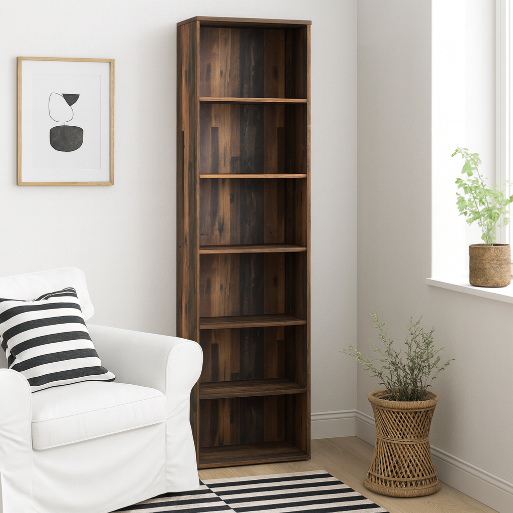 Bucharest Narrow 5 Shelf Vintage Oak Wooden Bookcase