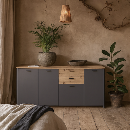 Seville Grey and Natural Oak Wood 4 Door 2 Drawer Sideboard