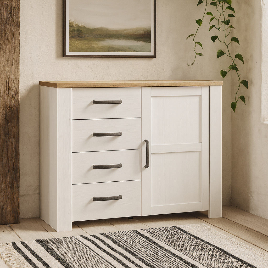 Salzburg 1 Door 4 Drawer Chest in White and Natural Oak
