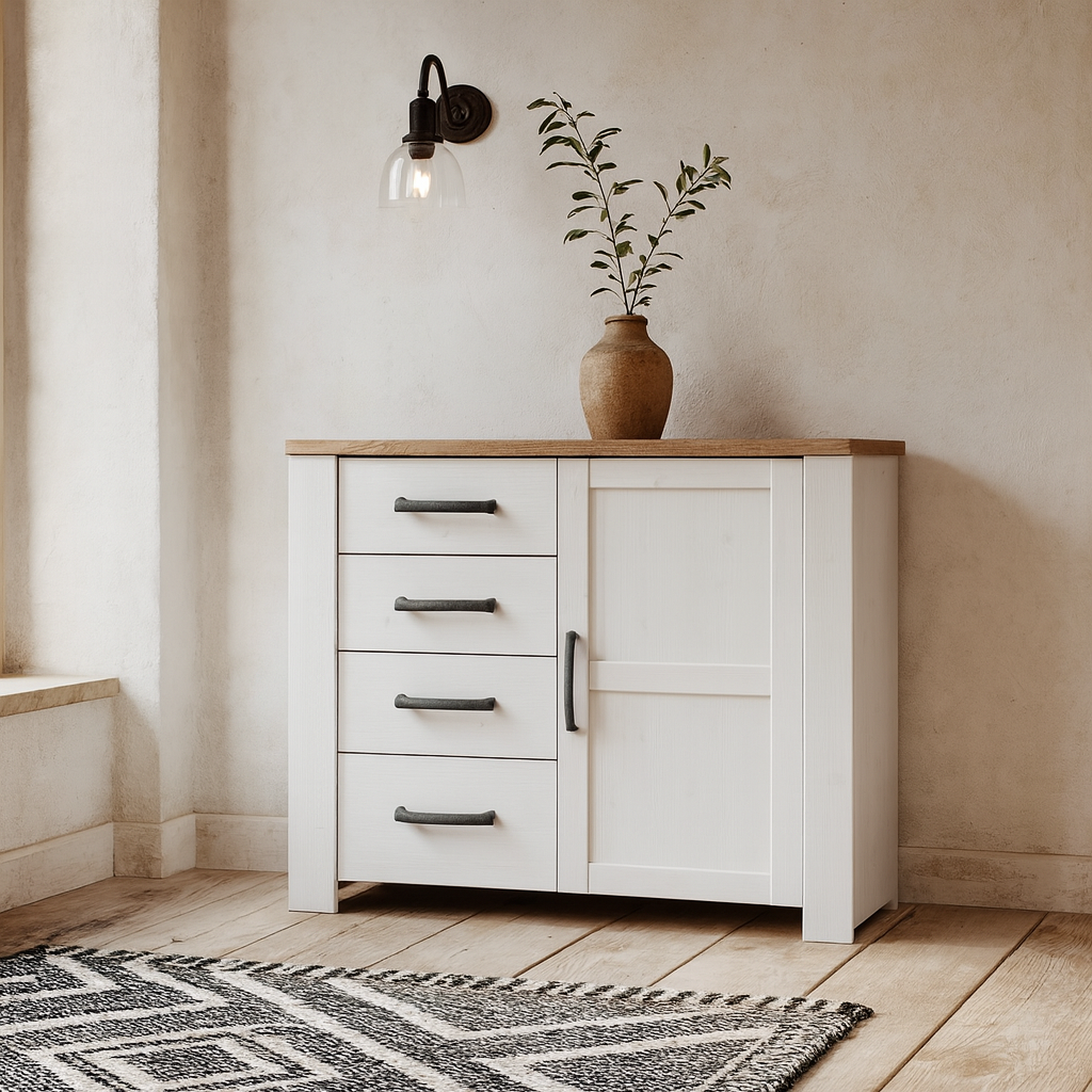Salzburg 1 Door 4 Drawer Chest in White and Natural Oak
