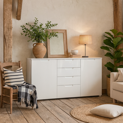 Leipzig White Gloss Wide Chest of 4 Drawers 2 Doors