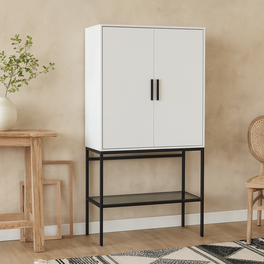 Vienna White Slim Tall Cabinet Black Metal Legs 2 Doors 4 Shelves