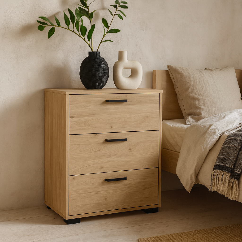 Stuttgart Natural Oak Chest of 3 Drawers Black Metal Handles