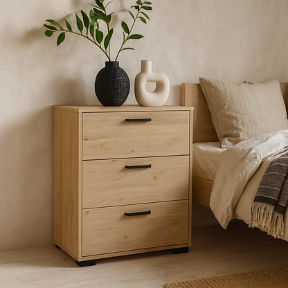 Stuttgart Natural Oak Chest of 3 Drawers Black Metal Handles