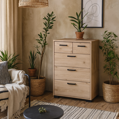 Stuttgart Natural Oak Chest of 5 Drawers Black Metal Handles