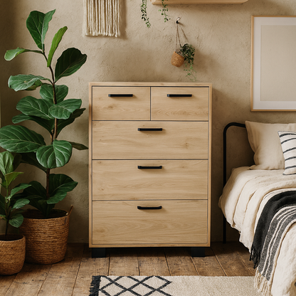 Stuttgart Natural Oak Chest of 5 Drawers Black Metal Handles