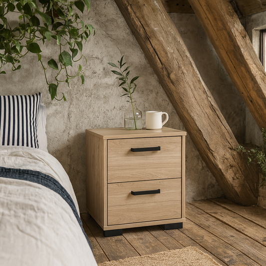 Stuttgart Natural Oak Bedside Table 2 Drawers Black Metal Handles