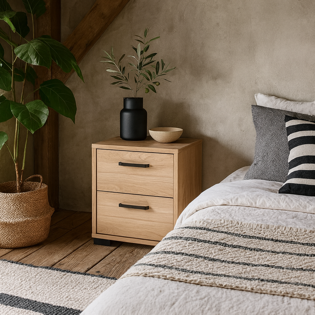 Stuttgart Natural Oak Bedside Table 2 Drawers Black Metal Handles