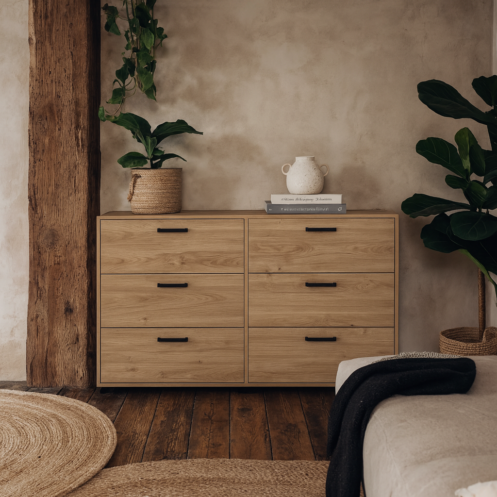 Stuttgart Natural Oak Chest of 6 Drawers Black Metal Handles