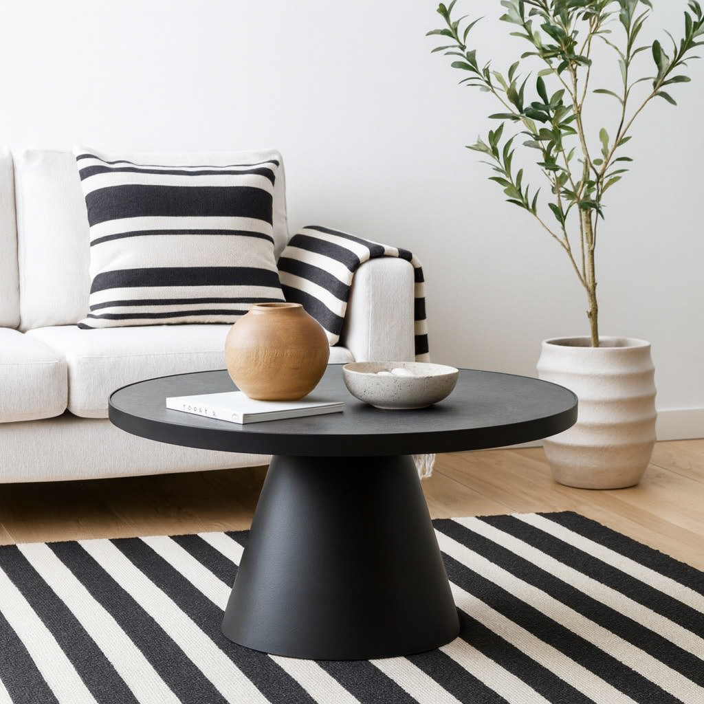 Hamburg Round Black Ceramic Coffee Table with Steel Pillar Base