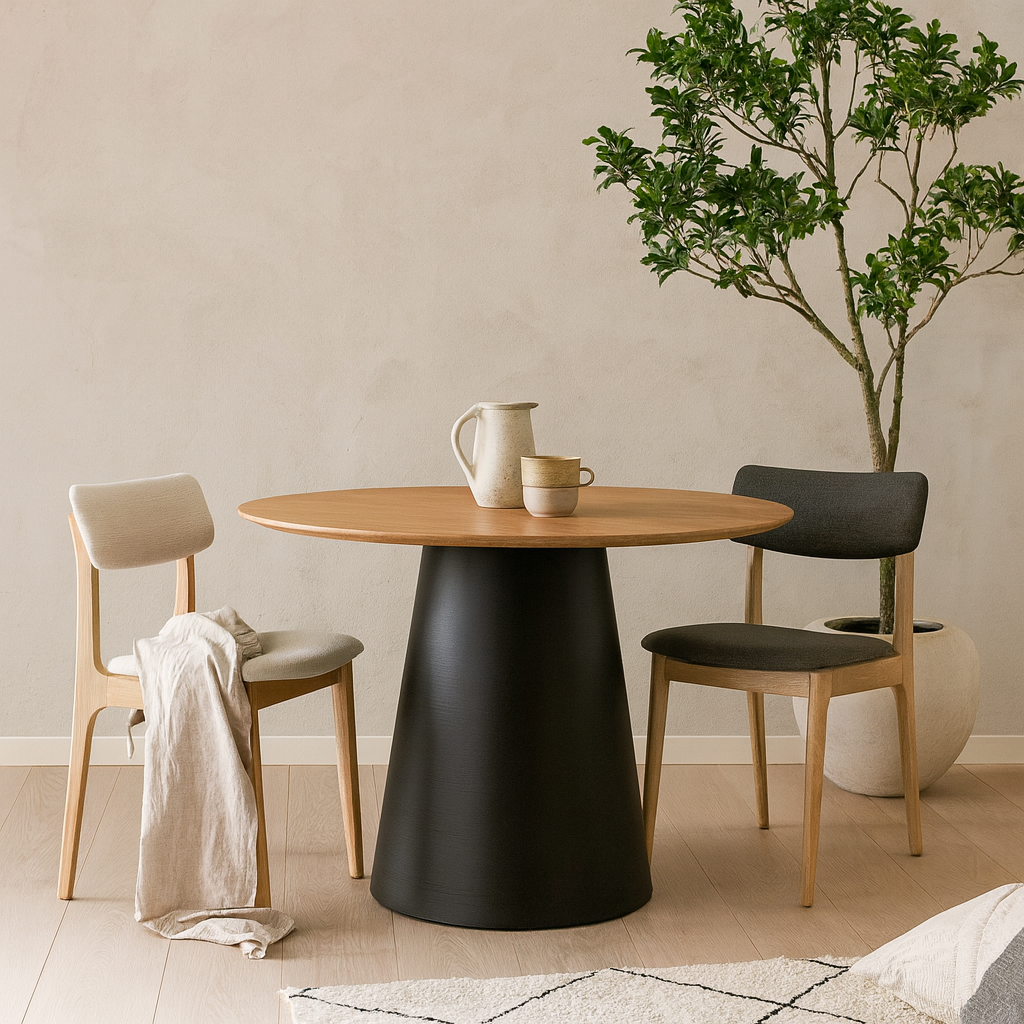 Hamburg 120cm Round Compact Oak Veneer Dining Table Black Steel Pillar Base
