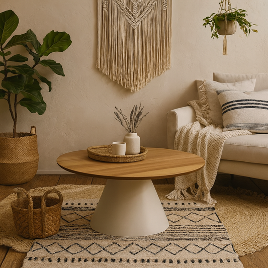 Hamburg Low Round Oak Veneer Coffee Table Pillar Steel Base