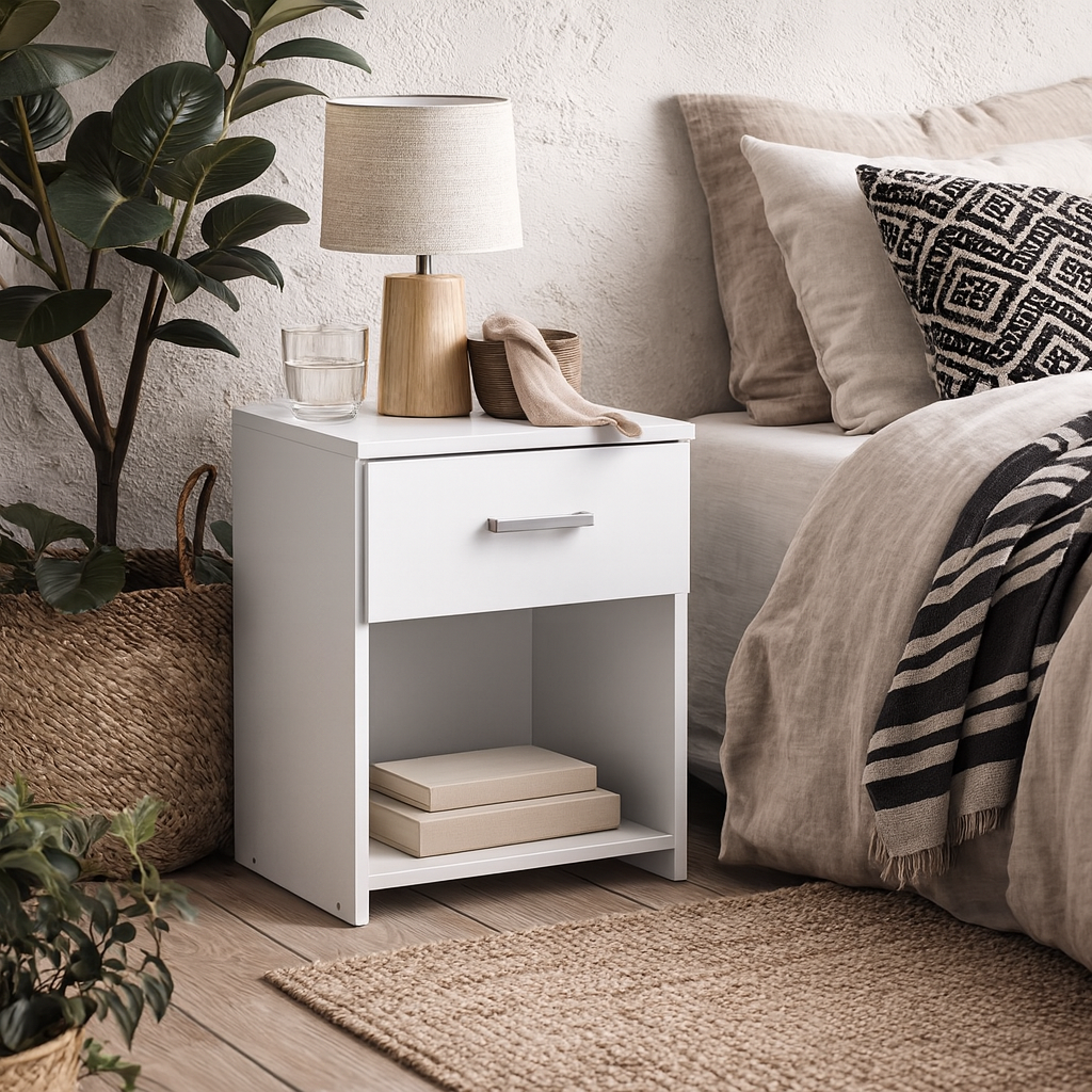 Munich White Wooden Bedside Table 1 Drawer