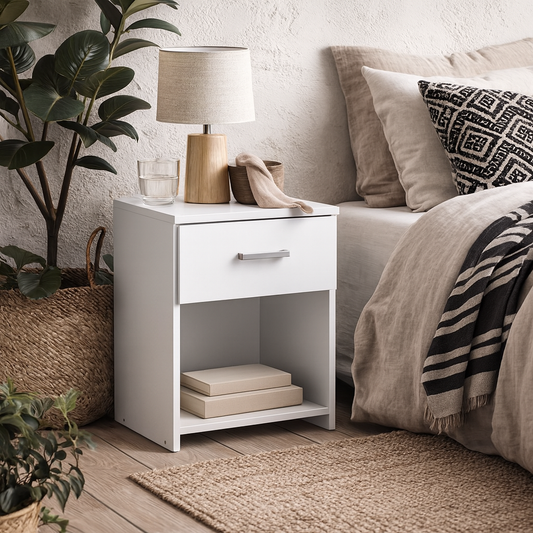 Munich White Wooden Bedside Table 1 Drawer