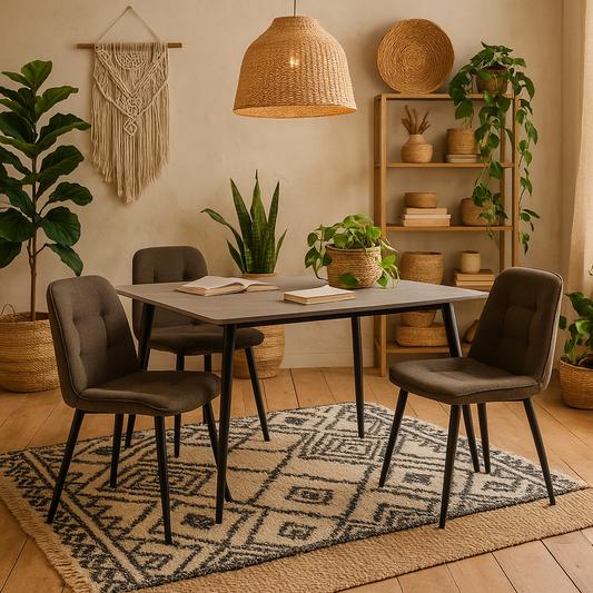 Belfast Grey Ceramic Dining Table 140cm with 4 Taupe Fabric Chairs
