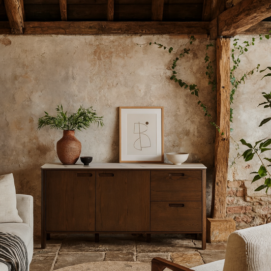 Cork  Oak Veneer Sideboard with Cream Ceramic Top 2 Doors 2 Drawers