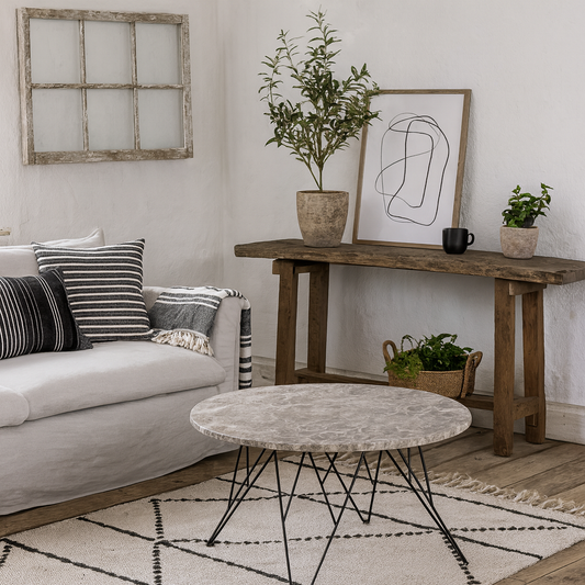 Toulouse Round Grey Marble Effect Coffee Table Black Steel Base