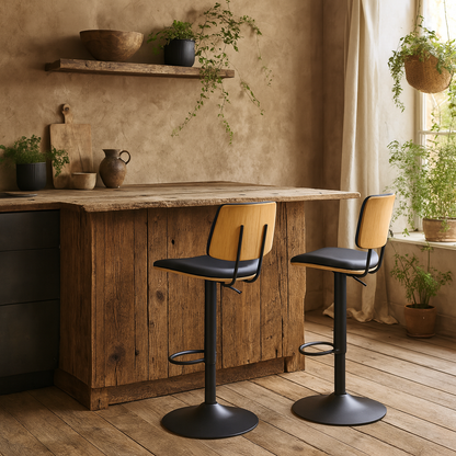 Set of 2 Nairobi Swivel Bar Stool Black Leather and Oak Veneer With Height Adjustable