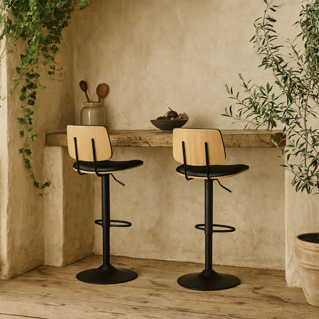 Set of 2 Nairobi Swivel Bar Stool Black Leather and Oak Veneer With Height Adjustable