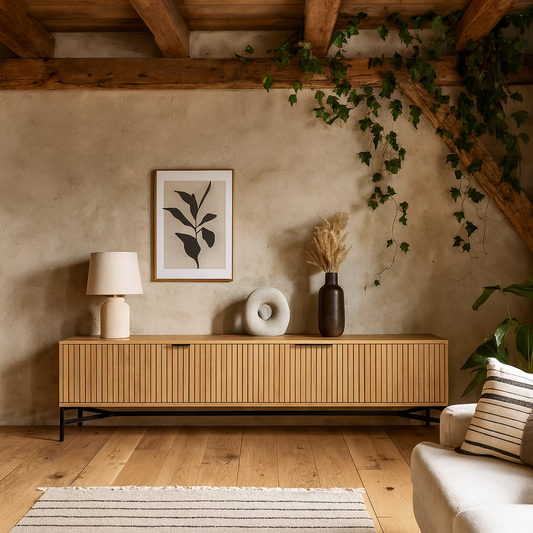 Brisbane 176cm Slatted Wild Natural Oak TV Unit 3 Doors Black Metal Legs