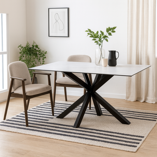 Perth 160cm 6 Seater White Ceramic Dining Table Industrial Black Metal Legs