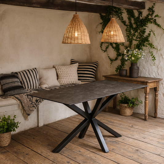 Perth 160cm 6 Seater Black Ceramic Dining Table Industrial Black Metal Legs