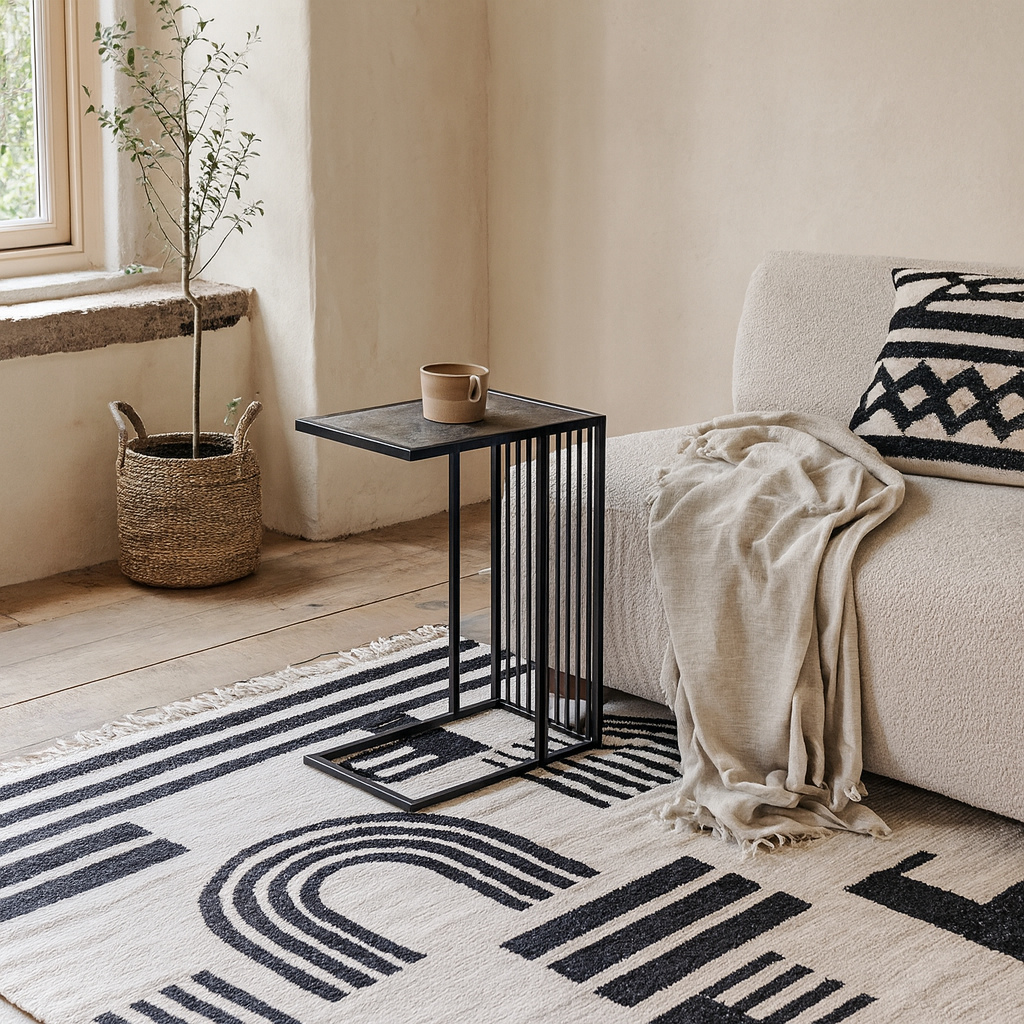 Porto Organic Black Metal C Shape Side Table Stone Effect Top