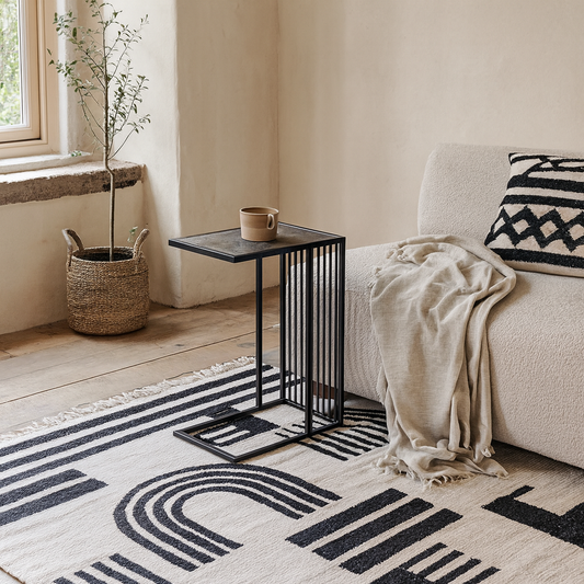 Porto Organic Black Metal C Shape Side Table Stone Effect Top