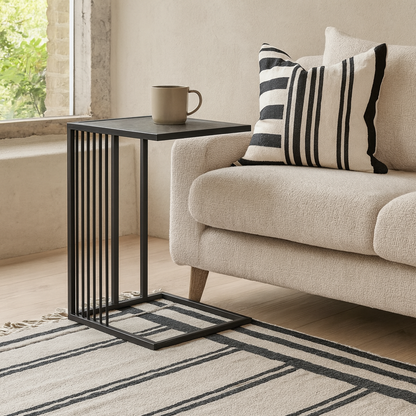 Porto Organic Black Metal C Shape Side Table Stone Effect Top