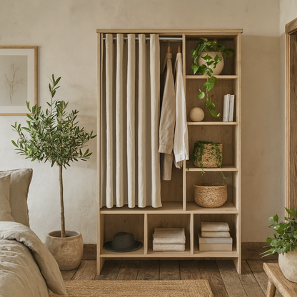 Uppsala Open Wardrobe Unit in Jackson Hickory Oak with a Beige Textile Curtain