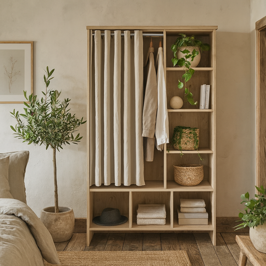 Uppsala Open Wardrobe Unit in Jackson Hickory Oak with a Beige Textile Curtain