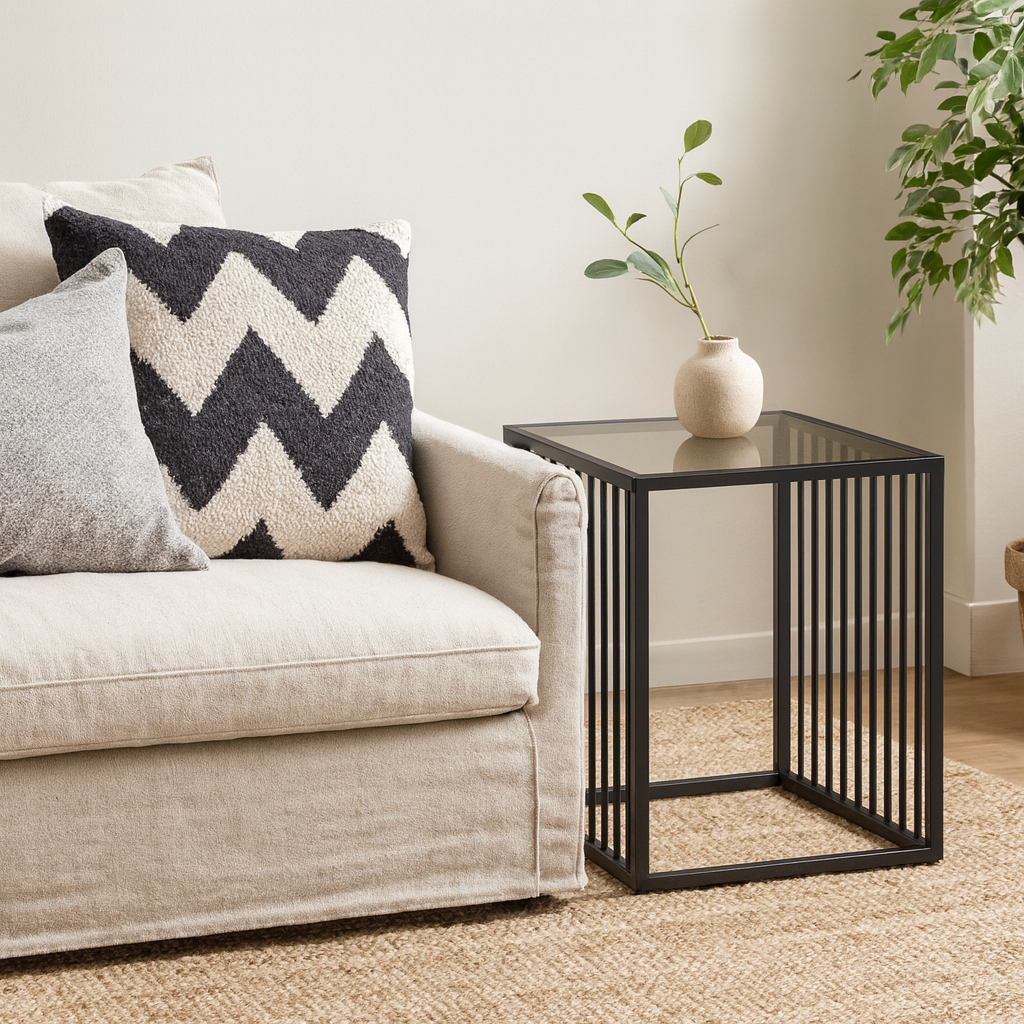 Porto Organic Black Metal Side Table with Clear Glass Top